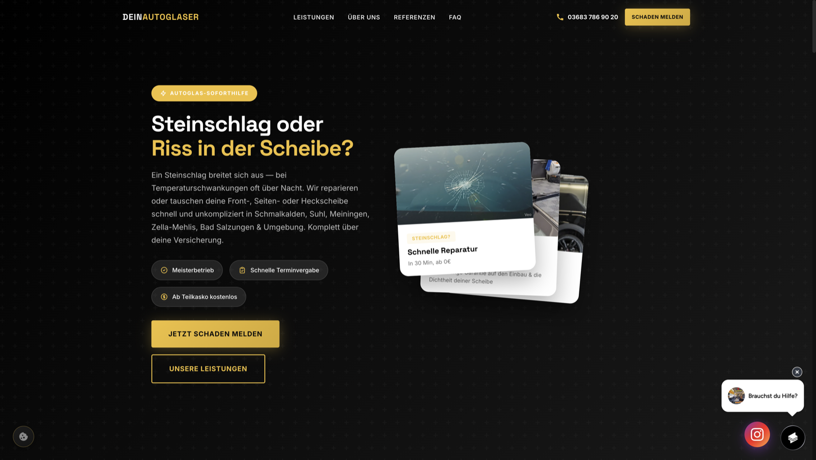 Werkstatt-Website-Referenz: Dein Autoglaser Suhl — Steinschlag-Reparatur und Scheibentausch, Komplettübernahme über Versicherung