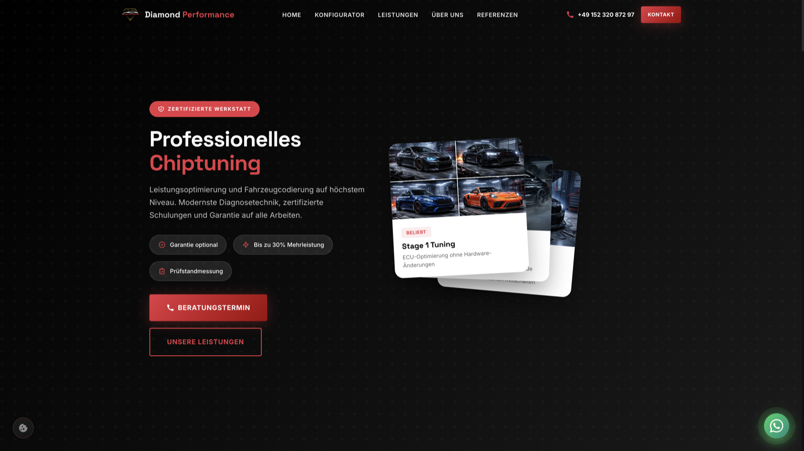Werkstatt-Website-Referenz: Diamond Performance — Professionelles Chiptuning mit zertifizierten Werkstätten, Garantie und Prüfstandsmessung