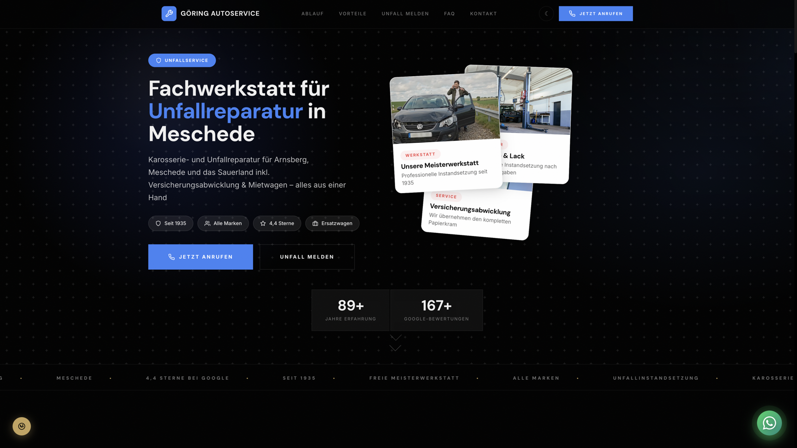 Werkstatt-Website-Referenz: Göring Autoservice Meschede — Fachwerkstatt für Unfallreparatur, Karosserie und Versicherungsabwicklung